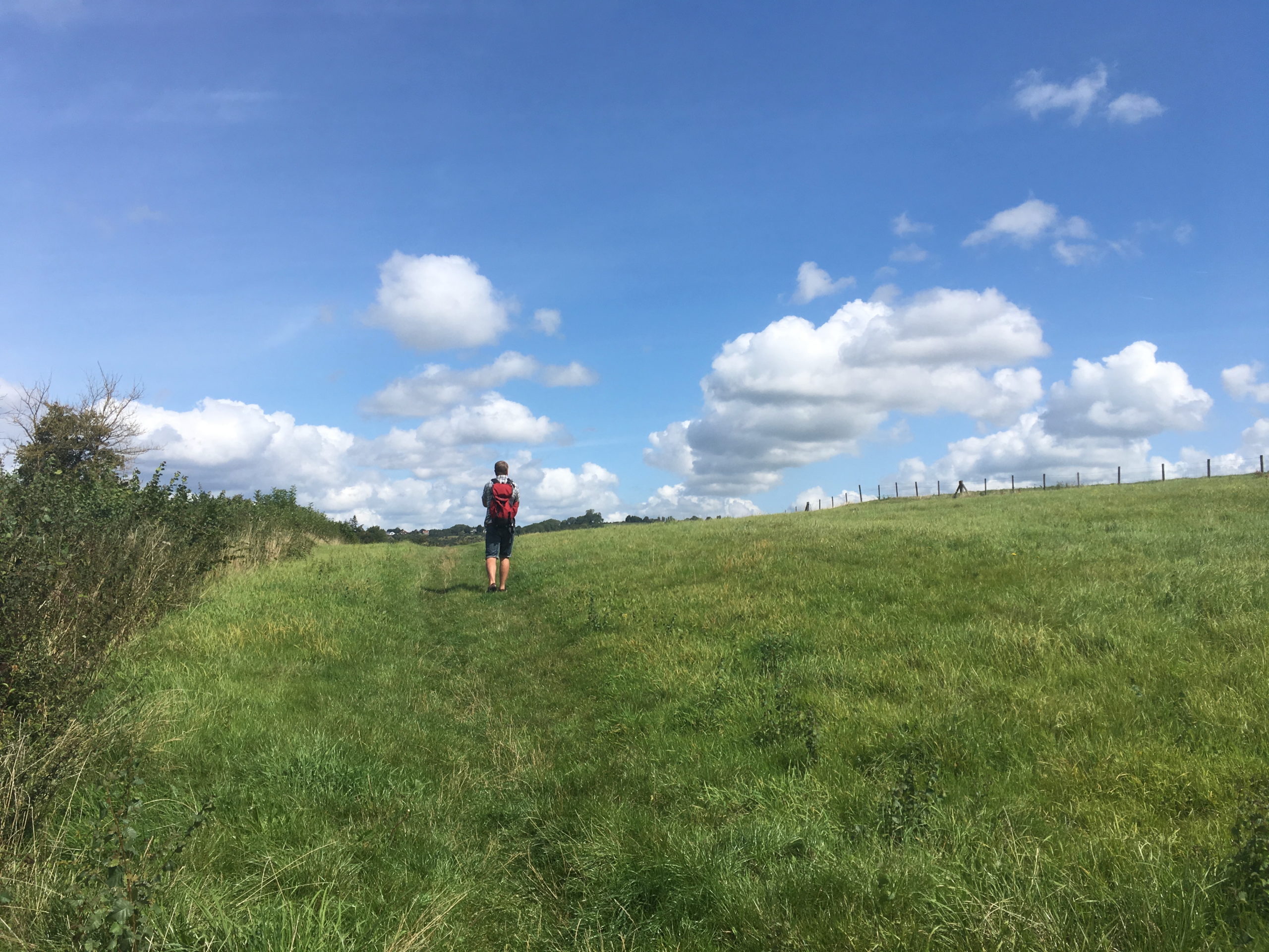 A walk crests a hill under blue skies with fluffy white clouds seemingly in touching distance